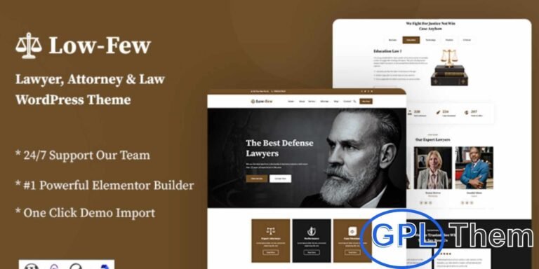 Lowfew – Lawyer & Attorney Responsive WordPress Theme Lowfew is a professional and fully responsive WordPress theme designed for lawyers, attorneys, and law firms. Built with modern design trends, this high-quality theme ensures your website looks sleek and professional across all devices.