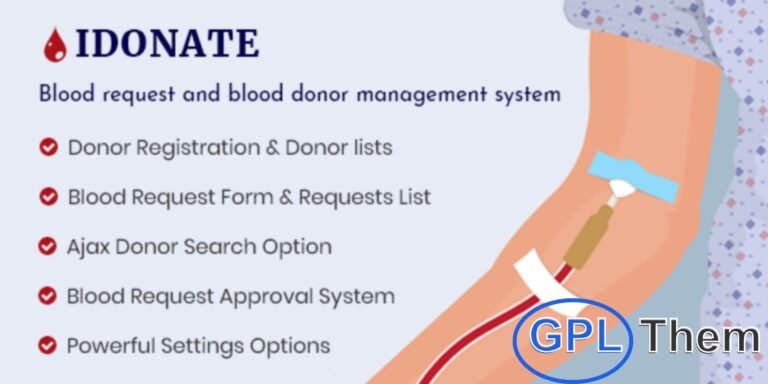 iDonatePro – Blood Donation, Request & Donor Management WordPress Plugin iDonatePro is a professional WordPress plugin designed for seamless blood donation, request, and donor management. It enables users to easily register as blood donors, automatically displaying their profiles on the donor page.