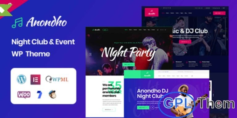 Anondho – Night Club & Event WordPress Theme Anondho is a stylish and energetic WordPress theme crafted for nightclubs, DJs, parties, and music events. Perfect for dance clubs, disco venues, house and trance events, this theme brings a modern and vibrant design to showcase nightlife experiences.