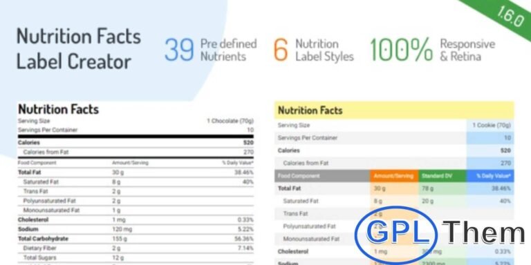 Nutrition Facts Label Creator – Easy Nutritional Label Generator for WordPress The Nutrition Facts Label Creator plugin lets you easily generate professional nutrition labels for your products or recipes. Choose from a predefined set of 39 key nutrients—including protein, vitamins, fats, sugars, zinc, magnesium, calcium, and more.