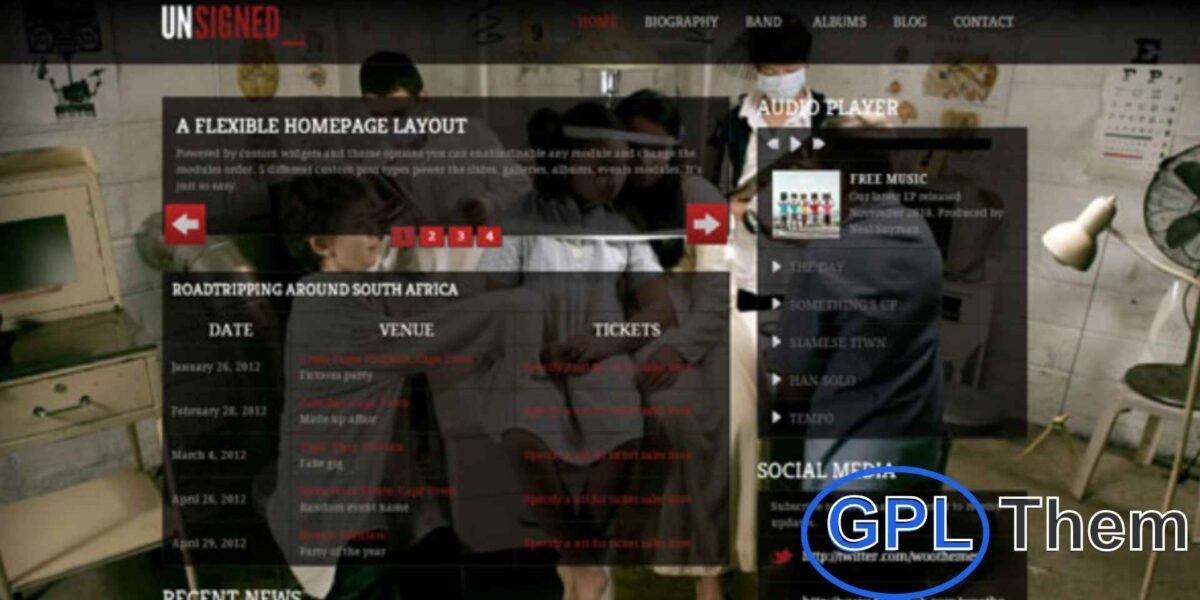 Unsigned – Premium Music & Band WordPress Theme by WooThemes Unsigned is a feature-rich WordPress theme designed for musicians, bands, and music artists to showcase their work professionally. With fully customizable homepage layouts and dedicated modules for events, discography, videos, and photo galleries, the theme makes it easy to present your music and band activities.