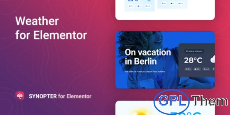 Synopter – Weather Forecast Widget for Elementor Synopter is a user-friendly weather forecast plugin for WordPress, designed to work seamlessly with Elementor. Powered by the OpenWeatherMap API, it displays real-time weather data for any city using a free API key, with options to upgrade for expanded features.