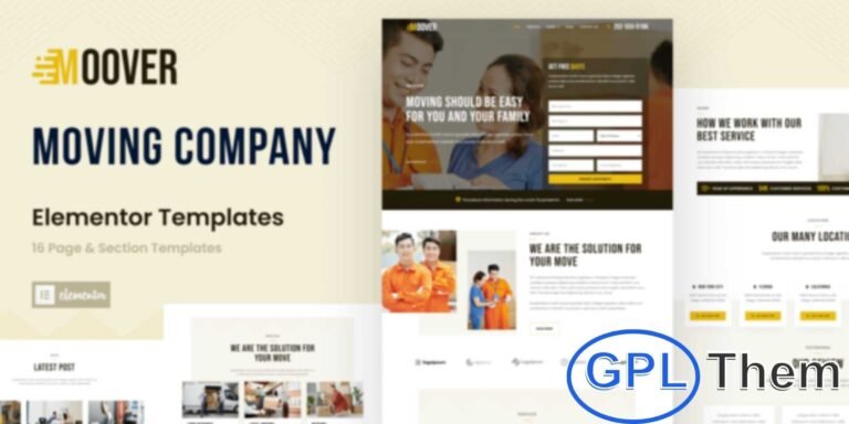 Moover – Moving Company Elementor Template Kit Moover is a modern Elementor Template Kit designed specifically for moving companies, logistics services, and transportation businesses. This kit features 16 ready-to-use page and section templates, making it easy to showcase your services, team, and client testimonials.