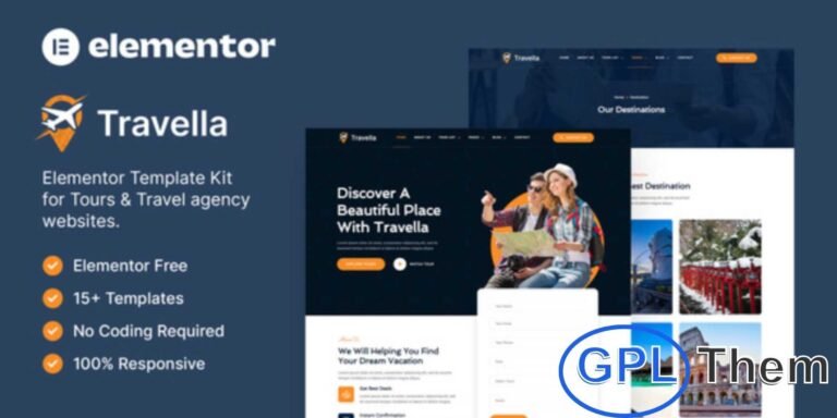 Travella – Tours & Travel Agency Elementor Template Kit Travella is a modern Elementor Template Kit designed for travel agencies, tour operators, and tourism websites. Showcase your tour packages, destinations, and travel experiences with an elegant, professional design.