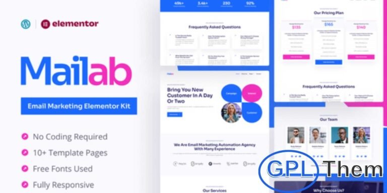 Mailab – Email Marketing Elementor Pro Template Kit Mailab is a professional Elementor Pro Template Kit designed for email marketing agencies and digital service websites. Featuring 12+ pre-built pages with a clean and modern visual style, this template kit is crafted to deliver a seamless user experience with well-structured layouts.