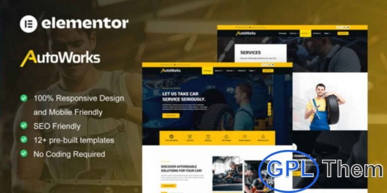 AutoWorks – Car Repair & Auto Services Elementor Template Kit AutoWorks is a professional Elementor Template Kit built for car repair shops, auto services, and vehicle maintenance businesses. Packed with 12 pre-built templates featuring a clean and modern design, it helps you create a fully functional website with ease.