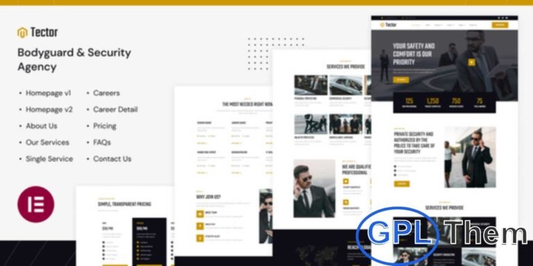 Tector – Bodyguard & Security Agency Elementor Template Kit Tector is a professional and modern Elementor Pro Template Kit designed for security agencies, bodyguard services, and protection companies.