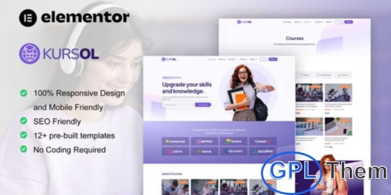 Kursol – Online Course & Education Elementor Pro Template Kit Kursol is a modern Elementor Pro Template Kit designed for online courses, e-learning platforms, and educational websites. Featuring 12+ pre-built templates with a clean and contemporary design, it is perfect for creating websites for schools, universities, academies, and training centers.