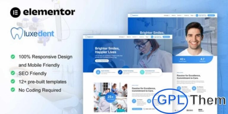 LuxeDent – Dentist & Dental Care Elementor Pro Template Kit LuxeDent is a modern Elementor Pro Template Kit designed for dentists, dental clinics, and healthcare professionals. Featuring 12+ pre-built templates with a clean, professional, and contemporary design, it is perfect for creating websites for dental services, medical practitioners, and healthcare facilities.