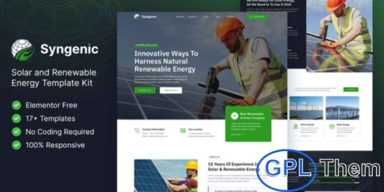 Syngenic – Solar & Renewable Energy Elementor Template Kit Syngenic is a modern and fully responsive Elementor Template Kit designed for solar energy companies, renewable and green energy businesses, wind turbine services, hydro energy solutions, and eco-friendly ventures.