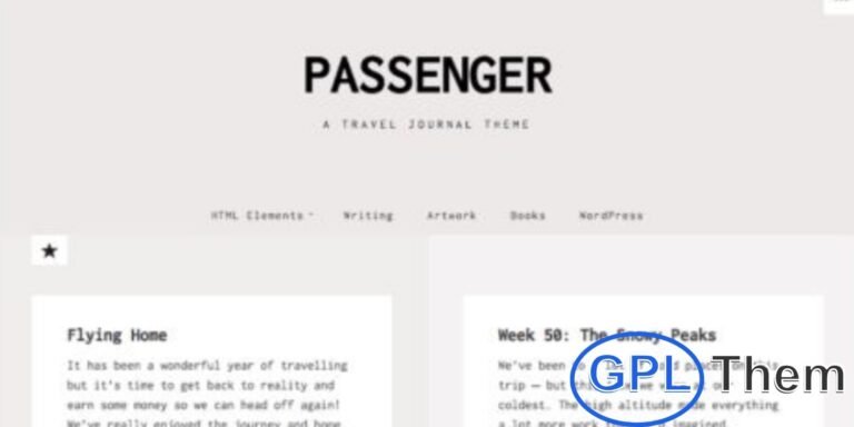 Passenger – Travel Journal & Scrapbook WordPress Theme Passenger is a beautifully designed WordPress theme perfect for travel journals, scrapbooks, and storytelling blogs. Featuring unique post formats and clean, readable typography, it allows you to share your adventures, memories, and experiences in an engaging way.