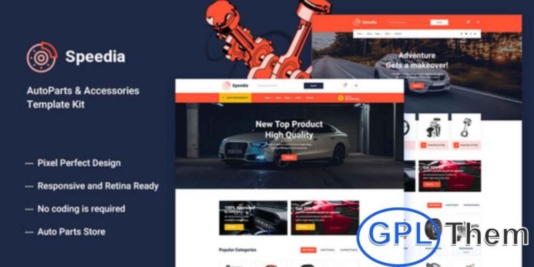 Speedia – AutoParts & Accessories Elementor Template Kit Speedia is a modern Elementor Template Kit designed for AutoParts, Car Accessories, and automotive shops. With fully customizable pre-built templates, you can easily showcase products, highlight services, and boost your online store.