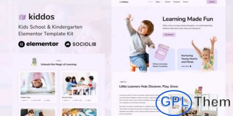 Kiddos – School & Kindergarten Elementor Template Kit Kiddos is a bright and creative Elementor Template Kit designed for schools, kindergartens, and preschool websites.
