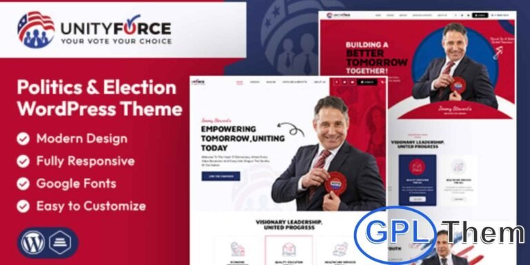 UnityForce – Politics & Election WordPress Theme UnityForce is a professional Politics and Election WordPress theme tailored for political parties, election campaigns, candidates, and government-related websites. With its modern and responsive design, UnityForce ensures your message reaches voters effectively on all devices.