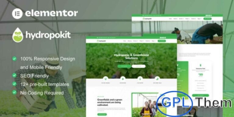 Hydropokit – Hydroponic & Agriculture Elementor Template Kit Hydropokit is a modern Elementor Template Kit designed for hydroponic farms, agriculture businesses, and gardening services. Perfect for greenhouses, landscaping projects, and sustainable farming ventures, it provides a professional and visually appealing platform to showcase your work.