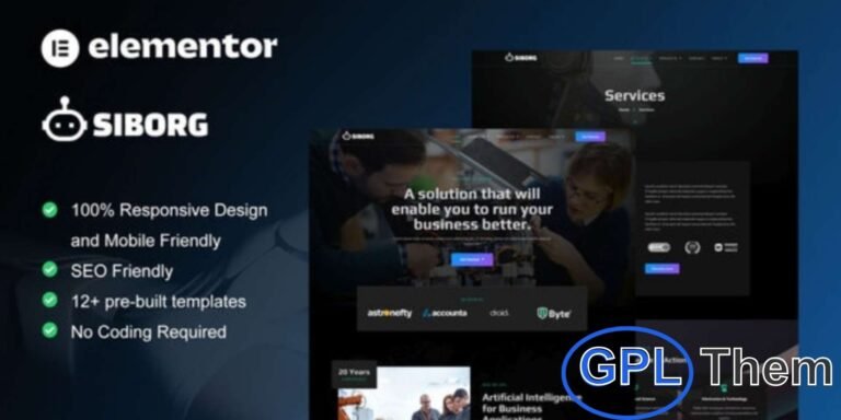 Siborg – Robotics & Technology Elementor Template Kit Siborg is a modern Elementor Template Kit designed for robotics, technology services, and tech companies. With over 12 clean and professionally crafted pre-built templates, Siborg makes it easy to create a visually appealing, fully responsive, and SEO-optimized website.