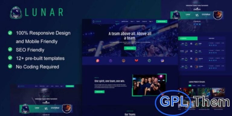 Lunar – eSports & Gaming Elementor Template Kit Lunar is a modern Elementor Template Kit designed for eSports teams, gamers, streamers, gaming news sites, tournaments, and game studios. Featuring 12+ professionally crafted, fully responsive templates, it allows you to quickly create a visually appealing and user-friendly website.