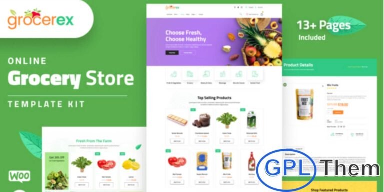 Grocerex – Grocery Store Elementor Pro Template Kit Grocerex is a modern Elementor Pro Template Kit designed for online grocery stores, delivery services, and fresh food businesses. Ideal for launching a new grocery website or updating an existing one, it features a clean and professional design that enhances user experience.