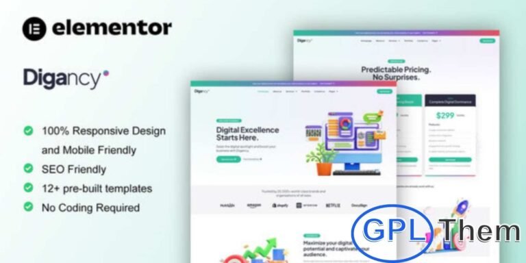 Digancy – Digital Agency Elementor Template Kit Digancy is a powerful Elementor Pro Template Kit designed for modern digital agency websites. Packed with 12+ pre-built templates, it features professional layouts and a sleek, contemporary design.