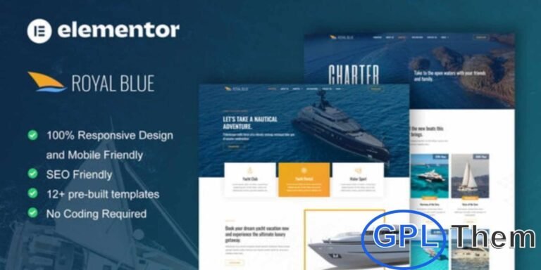 RoyalBlue – Yacht Club & Boat Rental Elementor Template Kit RoyalBlue is a premium Elementor Pro Template Kit designed for yacht clubs, boat rentals, and marine service websites. Perfect for yacht charters, yachting sports, sailing clubs, and marine transportation businesses, it provides a modern and professional platform to showcase services.