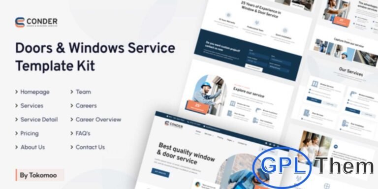 Conder – Doors & Windows Service Elementor Template Kit Conder is a modern Elementor Template Kit designed for doors and windows service companies, home improvement businesses, and installation providers. Perfect for window installation, door fitting, UPVC services, and woodworking services, it helps you showcase your offerings professionally.