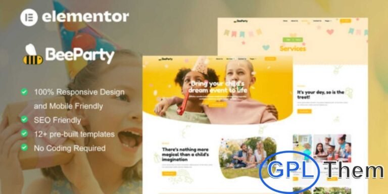 BeeParty – Kids Party Planner Elementor Template Kit BeeParty is a fun and modern Elementor Template Kit designed for kids’ party planners, event organizers, and party service websites. Packed with 12+ professionally designed pre-built templates, it makes creating a playful and engaging website simple.
