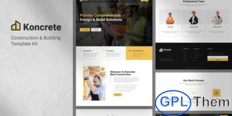 Koncrete – Construction & Building Elementor Template Kit Koncrete is a modern Elementor Template Kit designed for construction companies, architects, industrial businesses, and manufacturing firms. Featuring a clean, professional, and fully responsive design, it allows you to showcase projects, services, and company information effectively.