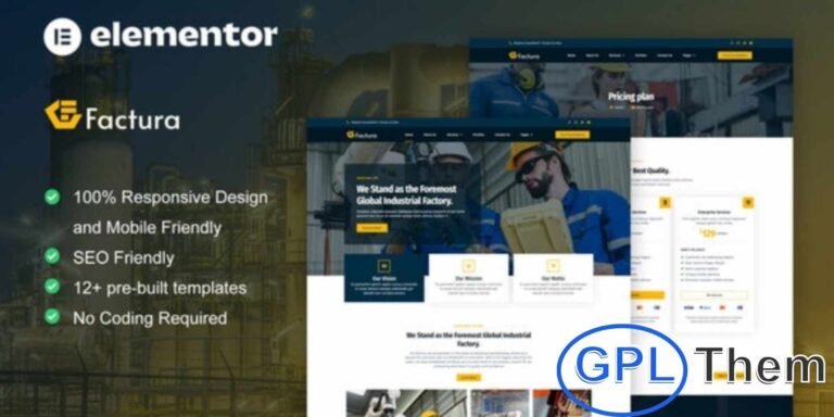 Factura – Industry & Manufacturing Elementor Template Kit Factura is a professional Elementor Template Kit built for industry, factory, and manufacturing websites. Featuring 12+ pre-built templates with a clean and modern design, it helps you create a corporate-ready website quickly and easily.