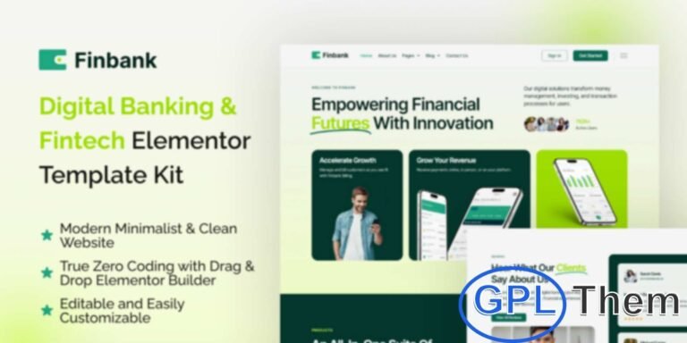 FinBank – Digital Banking & Fintech Elementor Template Kit FinBank is a modern Elementor Pro Template Kit designed for digital banking, fintech startups, and financial service websites. Ideal for showcasing banking solutions, fintech products, and financial services, it helps you create a professional and trustworthy online presence.