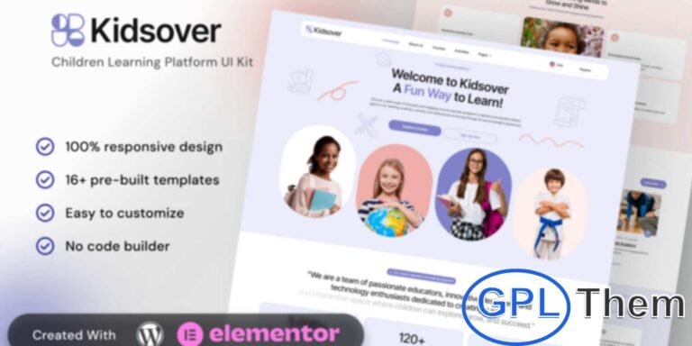 Kidsover – Children’s Learning Platform Elementor Template Kit Kidsover is a modern Elementor Template Kit designed for children’s learning platforms, online schools, educational apps, and kids’ activity websites. Featuring playful, engaging, and fully responsive layouts, it includes essential elements like course showcases, testimonials, interactive forms, and blogs.