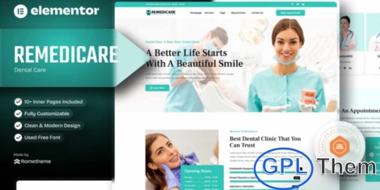 Remedicare – Dentist & Dental Clinic Elementor Template Kit Remedicare is a modern Elementor Template Kit designed for dental clinics, dentists, and healthcare professionals. With 17+ pre-built templates, it offers a clean, fully responsive design that adapts seamlessly across all devices.