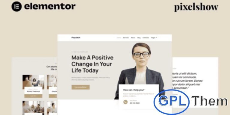 Psycoach – Life Coach & Psychologist Elementor Pro Full Site Kit Psycoach is a complete Elementor Pro Full Site Kit designed for life coaches, psychologists, and personal development professionals. Optimized for the free Hello Elementor theme and compatible with most Elementor-ready themes, it allows you to quickly build a professional website.