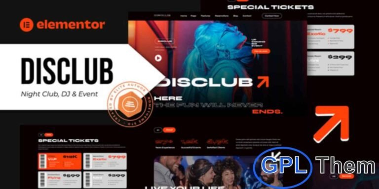Disclub – Night Club DJ & Events Elementor Pro Template Kit Disclub is a stylish Elementor Pro Template Kit designed for nightclubs, DJs, parties, and event websites. Featuring 12+ pre-built templates, this kit offers a modern, fully responsive design that works seamlessly on all devices.