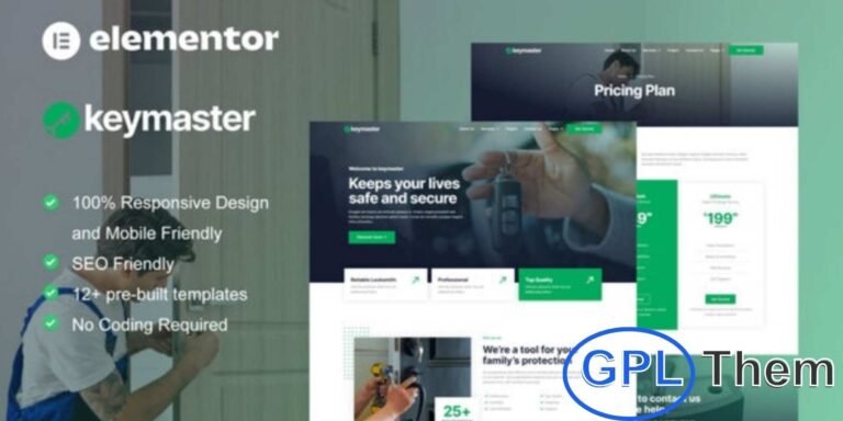 KeyMaster – Locksmith & Key Maker Service Elementor Template Kit KeyMaster is a modern Elementor Template Kit designed for locksmiths, key makers, and home security service providers. Perfect for websites offering key duplication, smart lock installation, door repair, and security solutions, it includes 12+ pre-built templates with a clean, professional, and modern design.