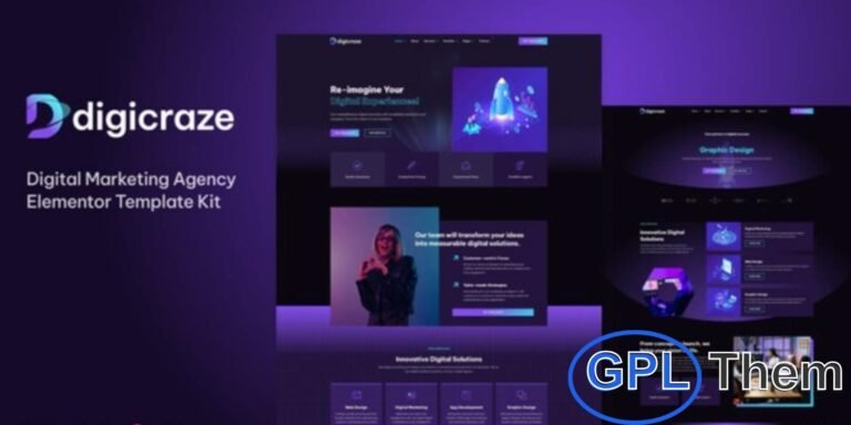 Digicraze – Digital Marketing Agency Elementor Pro Template Kit Digicraze is a premium Elementor Pro Template Kit specially crafted for digital marketing agencies and creative businesses. Featuring a sleek dark-style design, it offers more than 20 pre-built templates, including 2 unique homepage layouts to suit your branding needs.