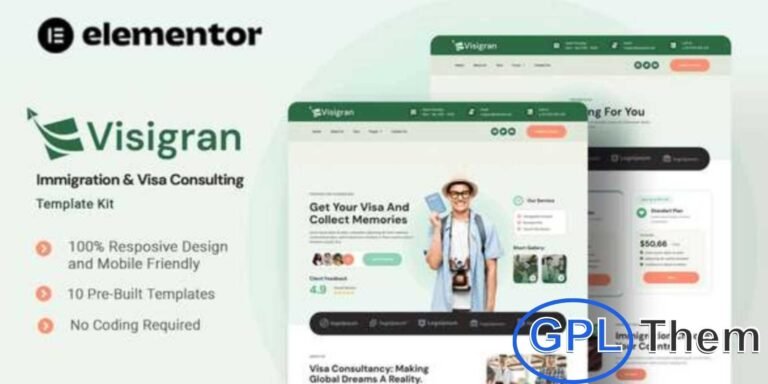Visigran – Immigration & Visa Consulting Elementor Template Kit Visigran is a professionally designed Elementor Template Kit built for immigration consultants, visa agencies, and travel-related businesses. With a clean, modern, and fully responsive design, it allows you to create a professional WordPress website quickly and easily.