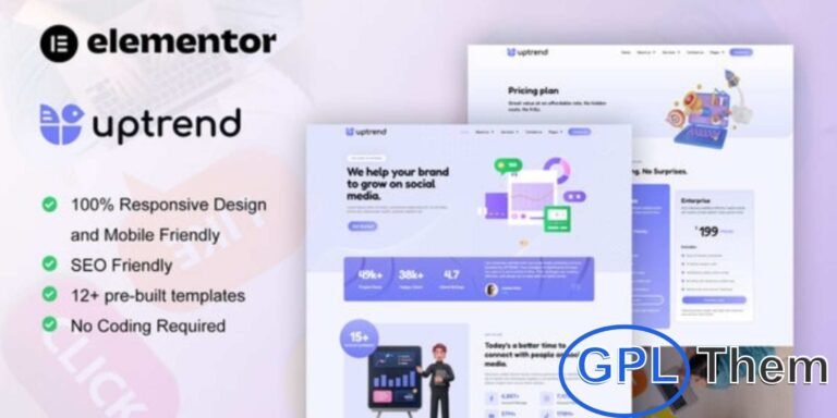 UpTrend – Social Media Marketing Agency Elementor Template Kit UpTrend is a modern Elementor Template Kit designed for building professional websites for social media marketing agencies and digital businesses. With 12+ pre-built templates, it offers a stylish and creative layout tailored for agencies looking to grow their online presence.