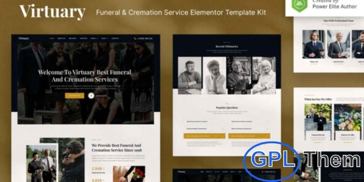 Virtuary – Funeral & Cremation Services Elementor Template Kit Virtuary is a thoughtfully designed Elementor Template Kit created for building professional websites for funeral and cremation services. Perfect for funeral homes, crematoriums, cemeteries, burial services, memorial services, and related businesses, this kit features a modern, clean, and respectful design.