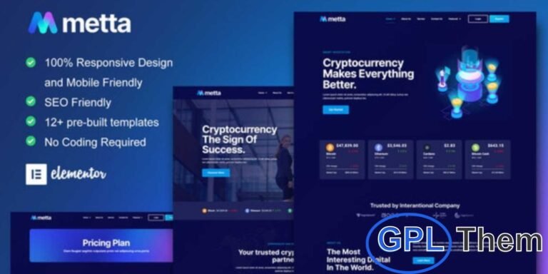 Metta – Cryptocurrency, Blockchain & Bitcoin Elementor Template Kit Metta is a modern Elementor Template Kit designed for cryptocurrency, blockchain, bitcoin, and fintech websites. It’s also ideal for technology startups, IT services, and digital businesses.