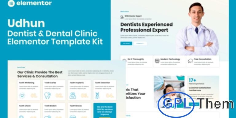 Udhun – Dentist & Dental Clinic Elementor Pro Template Kit Udhun is a modern Elementor Pro Template Kit designed for dentists, dental clinics, and oral healthcare providers. Its clean and professional design, enhanced with an appealing color scheme, helps create a trustworthy and engaging online presence.