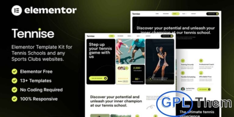 Tennise – Tennis School & Sports Club Elementor Template Kit Tennise is a modern and professional Elementor Template Kit designed for tennis schools, sports clubs, and coaching centers. With a sporty and visually appealing design, it’s ideal for tennis academies, personal coaches, sports centers, and other athletic programs.