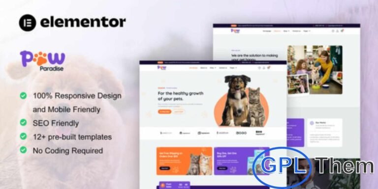 PawParadise – WooCommerce Pet Shop Elementor Template Kit PawParadise is a modern Elementor Template Kit designed for pet shops, pet care services, and related businesses. Featuring a clean, cute, and professional design, it allows you to build a beautiful WooCommerce pet shop website.