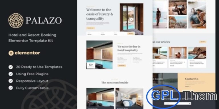 Palazo – Hotel and Resort Booking Elementor Template Kit Palazo is a modern Elementor Template Kit designed for hotels, resorts, villas, apartments, guesthouses, and hostels. Perfect for websites with online booking and reservation forms, it features a clean, professional, and fully responsive design.