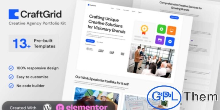 CraftGrid – Creative Agency & Portfolio Elementor Template Kit CraftGrid is a modern and minimalist Elementor Template Kit designed for creative agencies, freelancers, and design studios. It includes multiple portfolio layouts, client testimonials, case studies, and team profiles to showcase your work professionally.