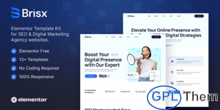 Brisx – SEO & Digital Marketing Agency Elementor Template Kit Brisx is a modern Elementor Template Kit tailored for SEO agencies, digital marketing experts, online marketing professionals, social media specialists, lead generation experts, web studios, and advertising agencies.