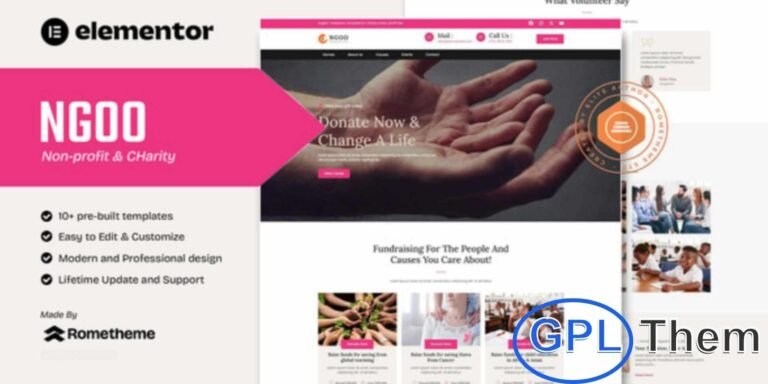 NGOO – Non-Profit & Charity Elementor Template Kit NGOO is a modern Elementor Template Kit designed for non-profits, charities, NGOs, fundraising campaigns, and socially-driven businesses. With clean, professional, and fully responsive layouts, it helps you showcase your mission, services, projects, and achievements effectively.