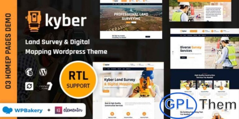 Kyber – Surveyor WordPress Theme Kyber – Surveyor WordPress Theme is a responsive and professional solution designed for geological survey service providers. Ideal for businesses offering land surveys, topographical surveys, canal surveys, tunnel surveys, 3D city mapping, flyover and railway surveys, highways and road inspections, aerial data collection, laser scanning, GIS mapping, and engineering support, this theme helps showcase your services effectively.
