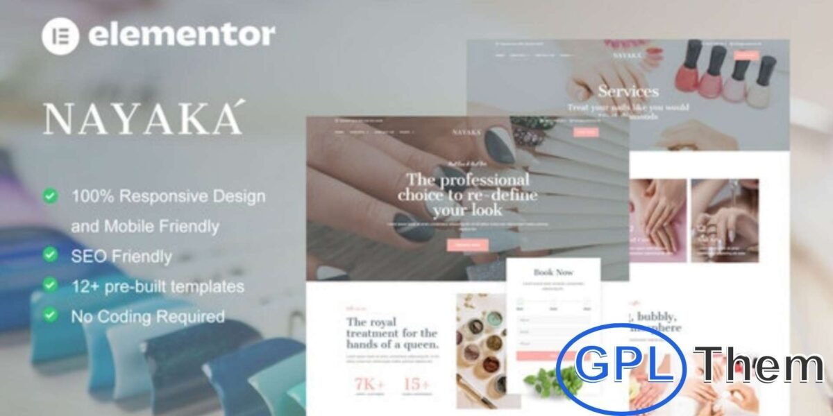 Nayaka – Nail Salon & Beauty Care Elementor Template Kit Nayaka is a modern Elementor Template Kit designed for nail salons, beauty care services, and personal care businesses. Perfect for showcasing services like manicures, pedicures, nail art, and other beauty treatments, it includes 12+ pre-built templates with a clean, professional, and contemporary design.
