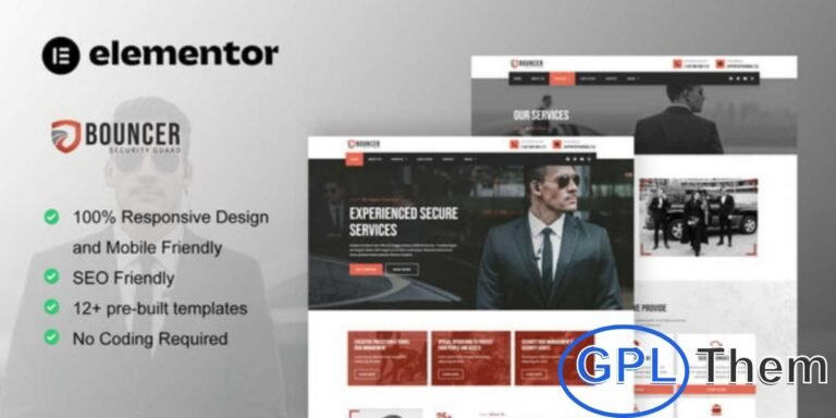 Bouncer – Bodyguard & Security Agency Elementor Template Kit Bouncer is a professional Elementor Template Kit designed for bodyguard and security agency websites. Featuring a modern, clean, and visually appealing layout, this template makes it easy to create a website for security companies, personal protection services, security consulting, transport security, bodyguards, and security system providers.