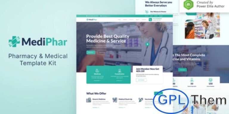 Mediphar – Pharmacy & Medical Elementor Template Kit Mediphar is a modern and clean Elementor Template Kit designed for pharmacy and medical websites. Ideal for drug stores, healthcare providers, hospitals, clinics, doctors, dentists, or any medical-related business, this kit offers 15+ professionally crafted templates.